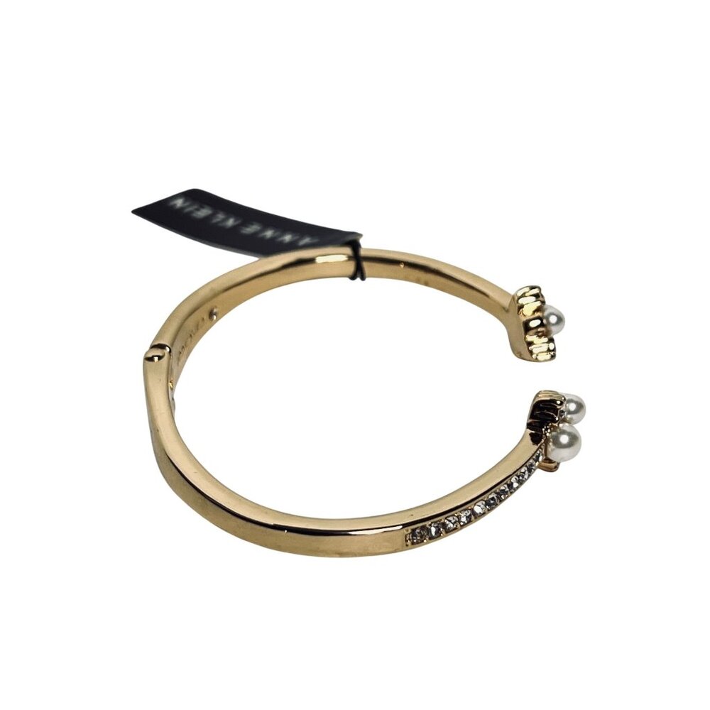 Anne Klein Gold Tone Faux Pearl And Clear Rhinestone Hinged Cuff Bracelet (6261) - Picture 5 of 7